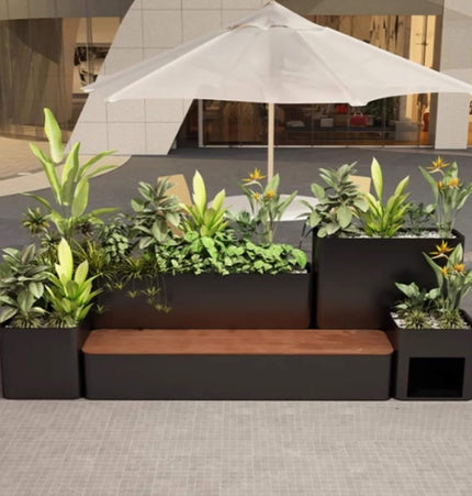 10 Ft. Large Industrial Outdoor Flowerbox Bench with Metal Planter and Hardwood Seat [Made-To-Order] - Potting Benches & Tables | Patioza