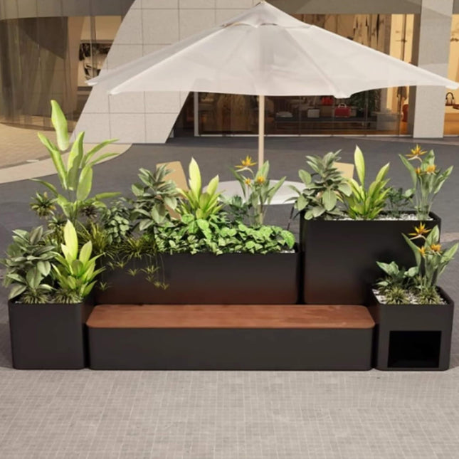 10 Ft. Large Industrial Outdoor Flowerbox Bench with Metal Planter and Hardwood Seat [Made-To-Order] - Potting Benches & Tables | Patioza