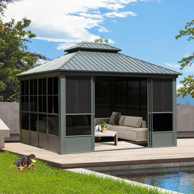 [12X14FT] Large Heavy - Duty All - Season Steel Top Aluminum Double Roof Backyard Gazebo (SAK97284) - Gazebos | Patioza