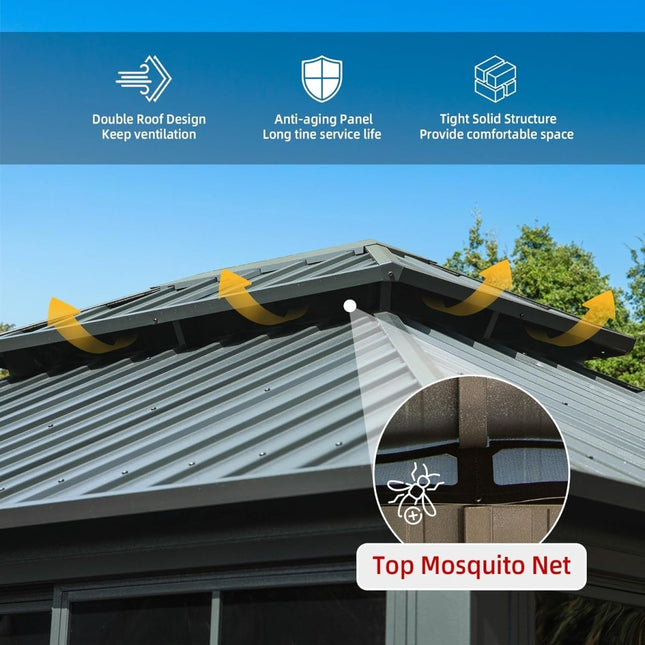 [12X14FT] Large Heavy - Duty All - Season Steel Top Aluminum Double Roof Backyard Gazebo (SAK97284) - Gazebos | Patioza