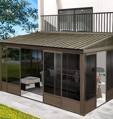 [12X14FT] Alora Haven Large Outdoor All-Season Wall-Mounted Sunroom With Galvanized Steel Roof & Moveable PVC Screen (SAK46475) - Sunrooms | Patioza