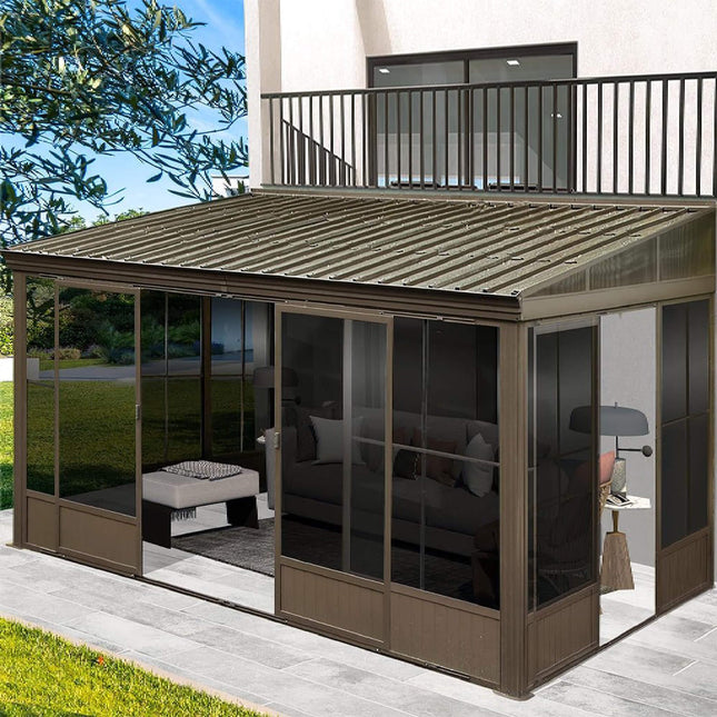 [12X14FT] Alora Haven Large Outdoor All-Season Wall-Mounted Sunroom With Galvanized Steel Roof & Moveable PVC Screen (SAK46475) - Sunrooms | Patioza
