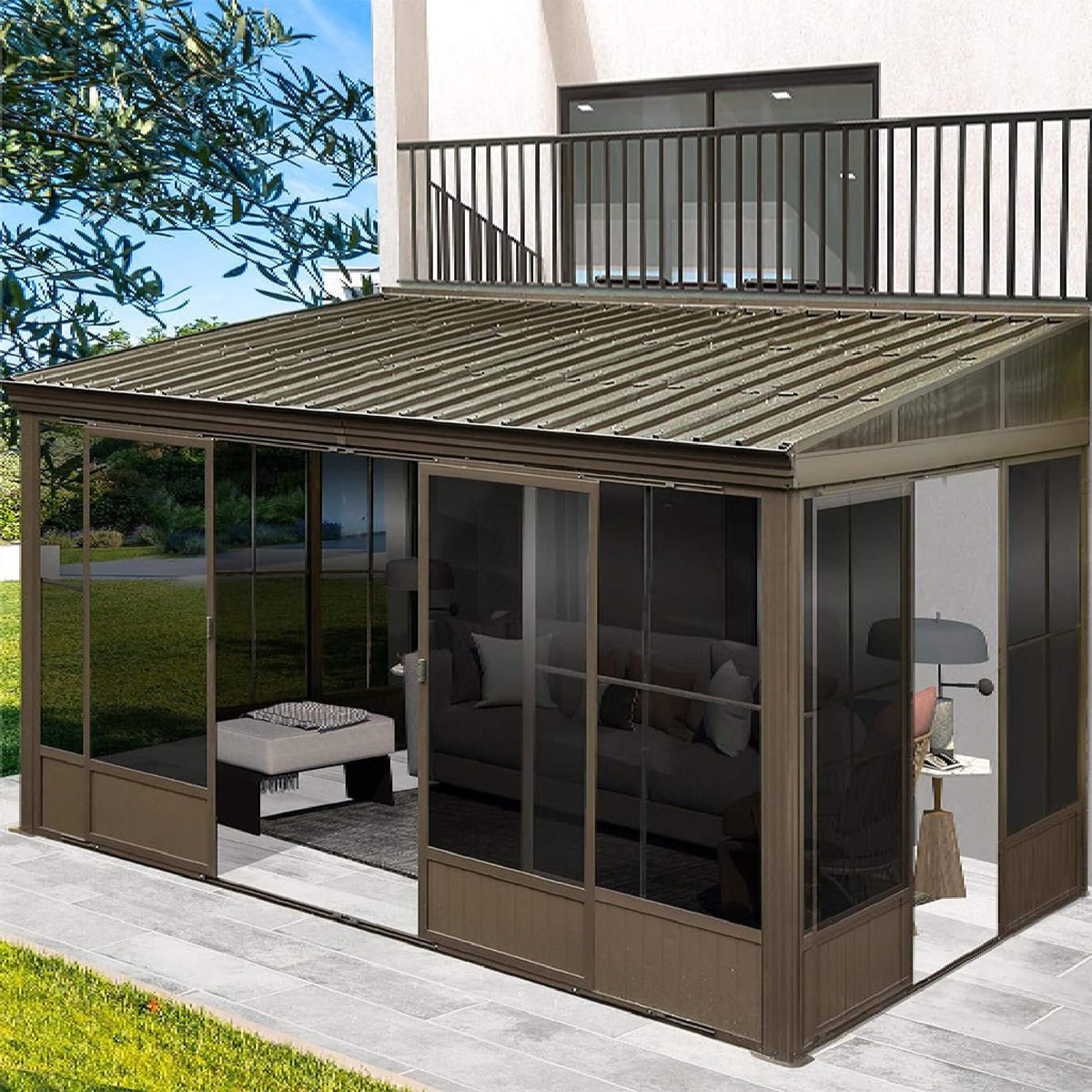 [12X14FT] Alora Haven Large Outdoor All-Season Wall-Mounted Sunroom With Galvanized Steel Roof & Moveable PVC Screen (SAK46475) - Sunrooms | Patioza