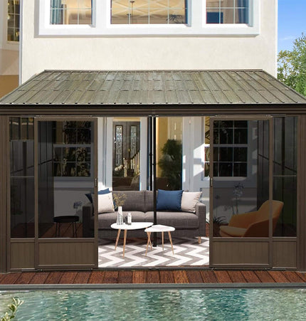 [12X14FT] Alora Haven Large Outdoor All-Season Wall-Mounted Sunroom With Galvanized Steel Roof & Moveable PVC Screen (SAK46475) - Sunrooms | Patioza