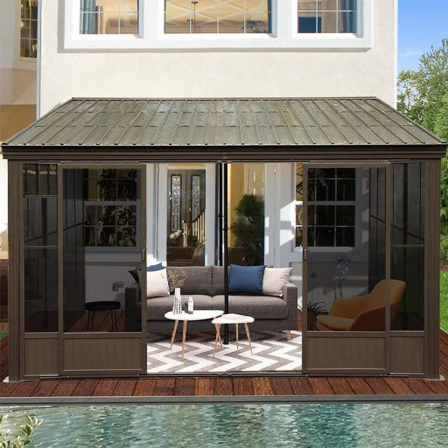 [12X14FT] Alora Haven Large Outdoor All-Season Wall-Mounted Sunroom With Galvanized Steel Roof & Moveable PVC Screen (SAK46475) - Sunrooms | Patioza