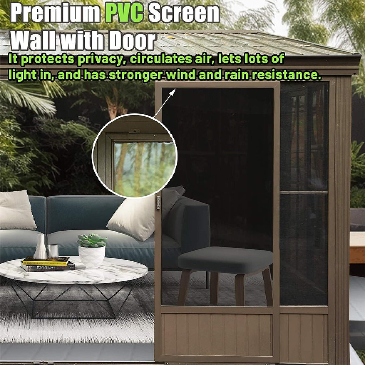 [12X14FT] Alora Haven Large Outdoor All-Season Wall-Mounted Sunroom With Galvanized Steel Roof & Moveable PVC Screen (SAK46475) - Sunrooms | Patioza