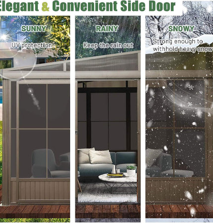 [12X14FT] Alora Haven Large Outdoor All-Season Wall-Mounted Sunroom With Galvanized Steel Roof & Moveable PVC Screen (SAK46475) - Sunrooms | Patioza