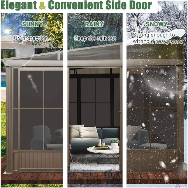 [12X14FT] Alora Haven Large Outdoor All-Season Wall-Mounted Sunroom With Galvanized Steel Roof & Moveable PVC Screen (SAK46475) - Sunrooms | Patioza