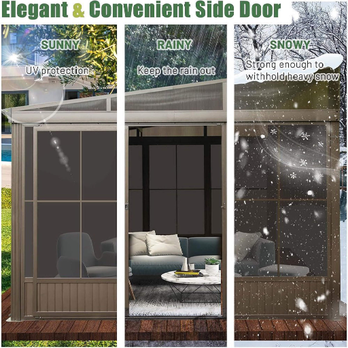 [12X14FT] Alora Haven Large Outdoor All-Season Wall-Mounted Sunroom With Galvanized Steel Roof & Moveable PVC Screen (SAK46475) - Sunrooms | Patioza