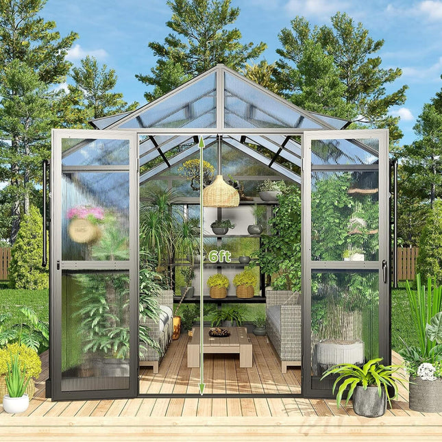 [08X12FT] Large Premium Outdoor Aluminum Polycarbonate Greenhouse With Double Swing Doors (SAK92641) - Greenhouses | Patioza