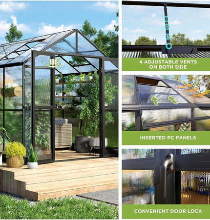 [08X12FT] Large Premium Outdoor Aluminum Polycarbonate Greenhouse With Double Swing Doors (SAK92641) - Greenhouses | Patioza