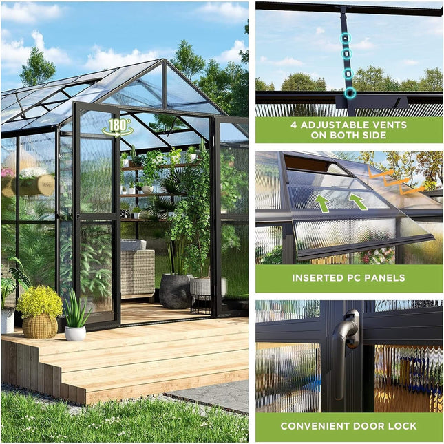 [08X12FT] Large Premium Outdoor Aluminum Polycarbonate Greenhouse With Double Swing Doors (SAK92641) - Greenhouses | Patioza