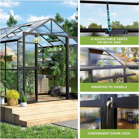 [08X12FT] Large Premium Outdoor Aluminum Polycarbonate Greenhouse With Double Swing Doors (SAK92641) - Greenhouses | Patioza