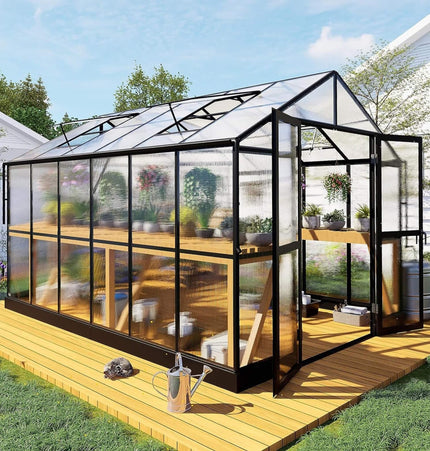 [08X12FT] Large Premium Outdoor Aluminum Polycarbonate Greenhouse With Double Swing Doors (SAK92641) - Greenhouses | Patioza