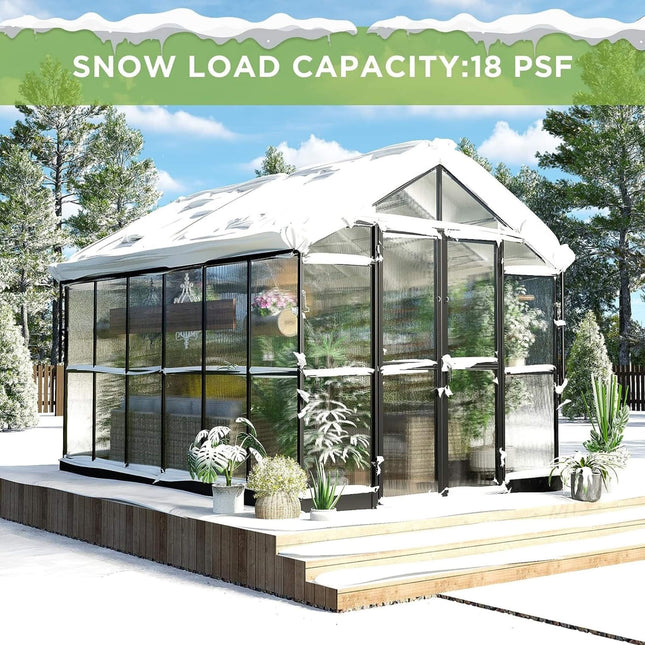 [08X12FT] Large Premium Outdoor Aluminum Polycarbonate Greenhouse With Double Swing Doors (SAK92641) - Greenhouses | Patioza