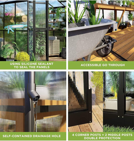 [08X12FT] Large Premium Outdoor Aluminum Polycarbonate Greenhouse With Double Swing Doors (SAK92641) - Greenhouses | Patioza