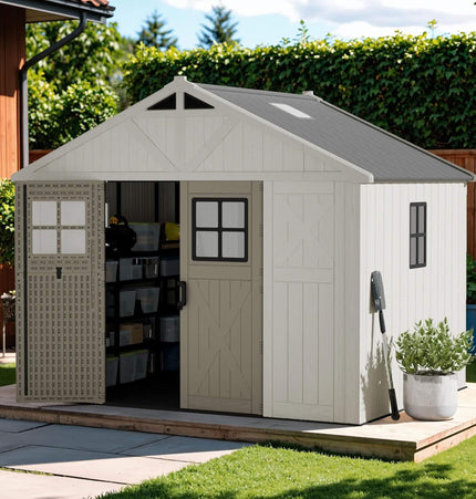 Alora Large Resin Outdoor Storage Shed With Floor, Windows, And Lockable Door (SAK98421)