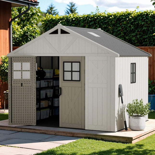 Alora Large Resin Outdoor Storage Shed With Floor, Windows, And Lockable Door (SAK98421) - Storage Sheds | Patioza