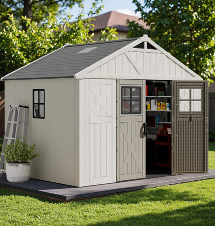 Alora Large Resin Outdoor Storage Shed With Floor, Windows, And Lockable Door (SAK98421)