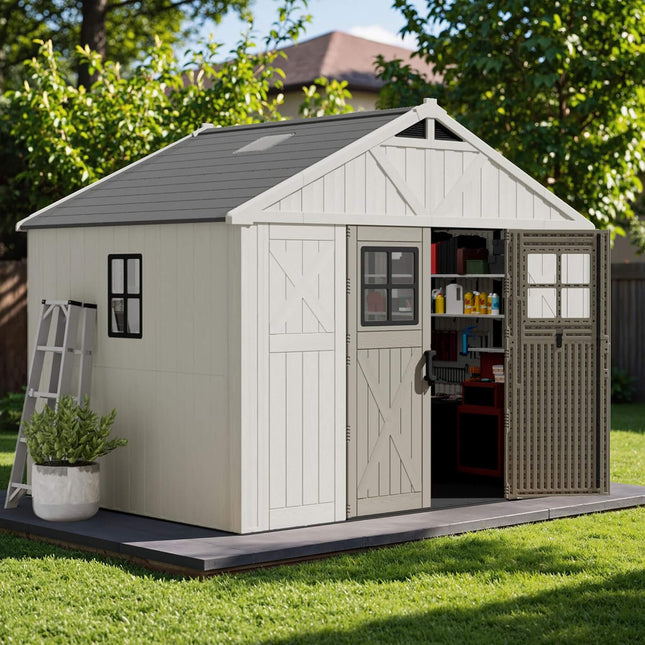 Alora Large Resin Outdoor Storage Shed With Floor, Windows, And Lockable Door (SAK98421) - Storage Sheds | Patioza