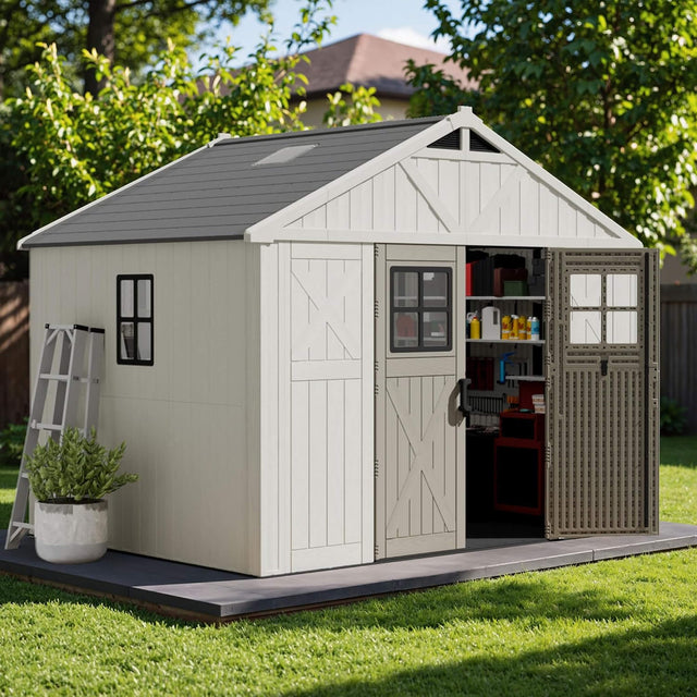 Alora Large Resin Outdoor Storage Shed With Floor, Windows, And Lockable Door (SAK98421) - Storage Sheds | Patioza