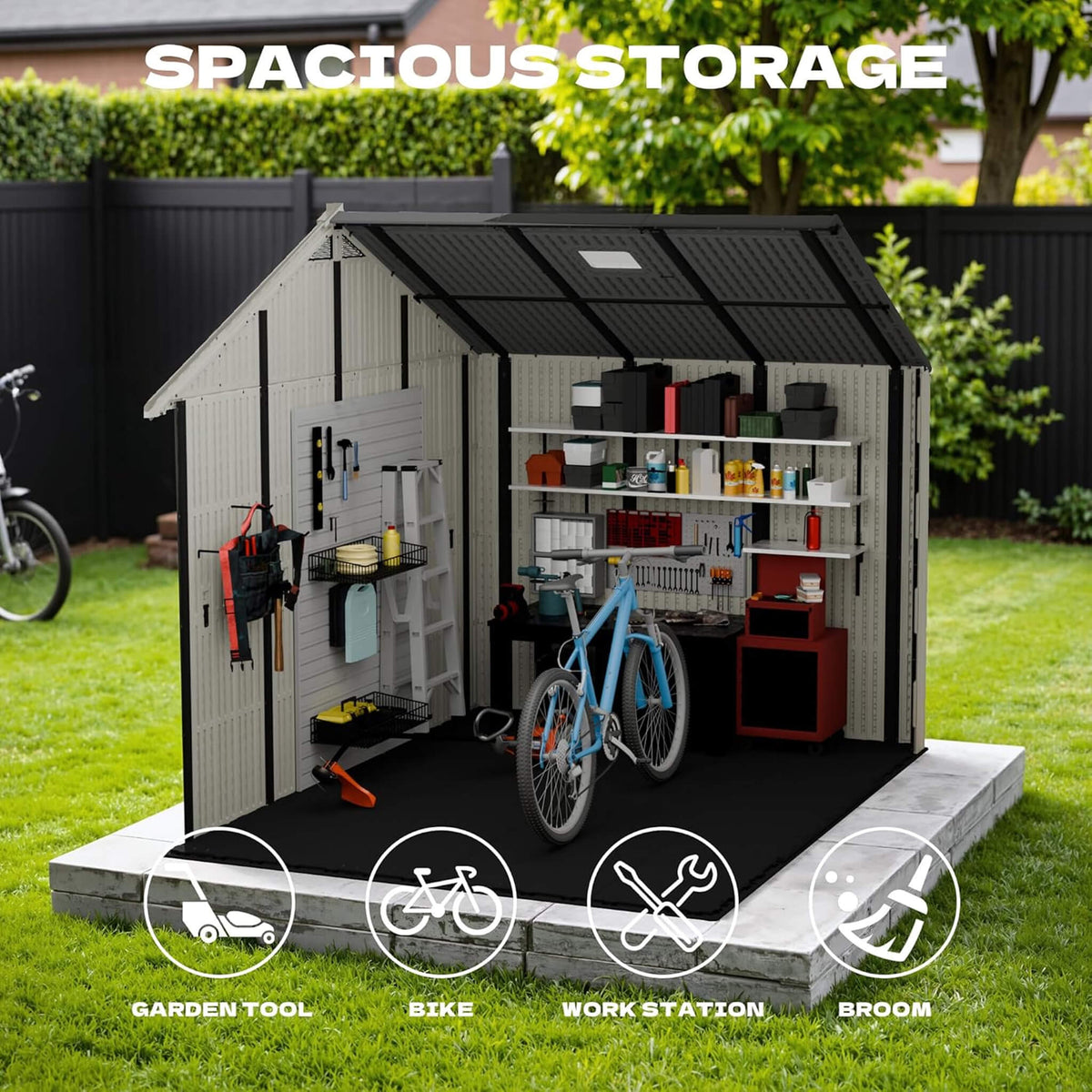 Alora Large Resin Outdoor Storage Shed With Floor, Windows, And Lockable Door (SAK98421) - Storage Sheds | Patioza