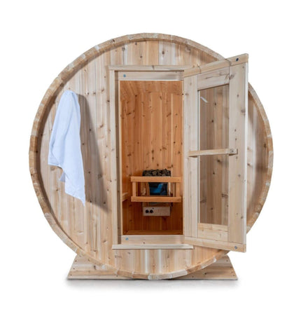 Dundalk Leisurecraft 84 - Inch 4 - Person Canadian Timber Harmony Barrel Sauna With Solid Wood Benches [CTC22W] (SAK96842) - Outdoor Saunas | Patioza