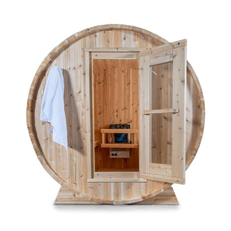 Dundalk Leisurecraft 84 - Inch 4 - Person Canadian Timber Harmony Barrel Sauna With Solid Wood Benches [CTC22W] (SAK96842) - Outdoor Saunas | Patioza