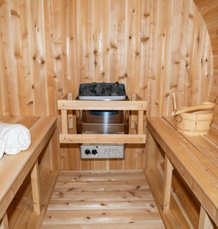 Dundalk Leisurecraft 84 - Inch 4 - Person Canadian Timber Harmony Barrel Sauna With Solid Wood Benches [CTC22W] (SAK96842) - Outdoor Saunas | Patioza