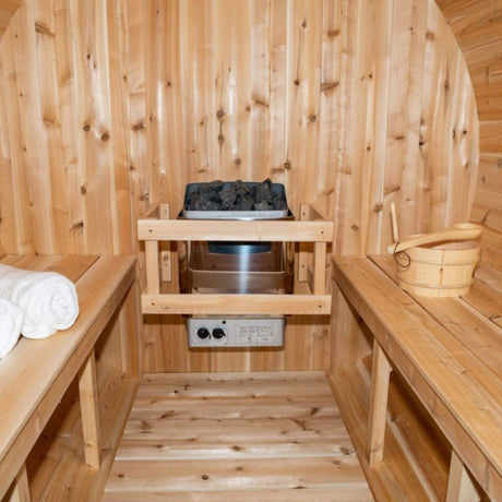 Dundalk Leisurecraft 84 - Inch 4 - Person Canadian Timber Harmony Barrel Sauna With Solid Wood Benches [CTC22W] (SAK96842) - Outdoor Saunas | Patioza