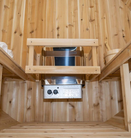 Dundalk Leisurecraft 84 - Inch 4 - Person Canadian Timber Harmony Barrel Sauna With Solid Wood Benches [CTC22W] (SAK96842) - Outdoor Saunas | Patioza