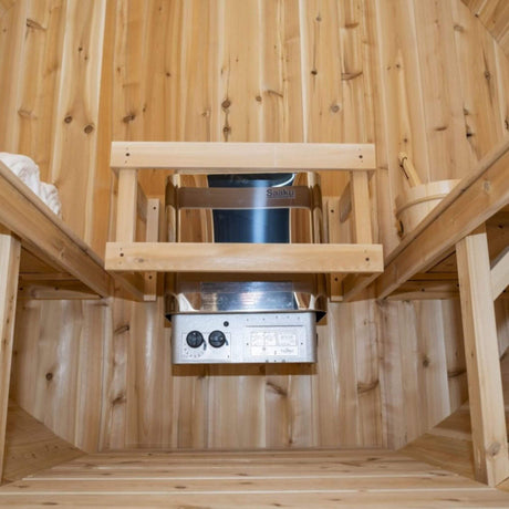 Dundalk Leisurecraft 84 - Inch 4 - Person Canadian Timber Harmony Barrel Sauna With Solid Wood Benches [CTC22W] (SAK96842) - Outdoor Saunas | Patioza