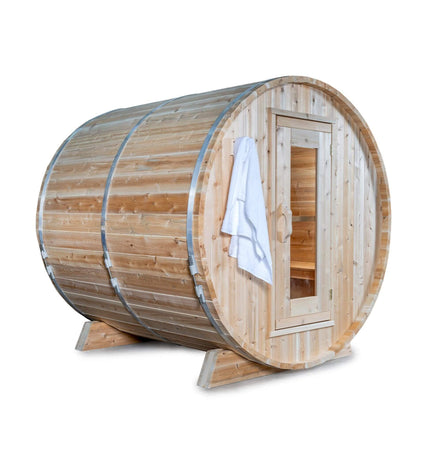 Dundalk Leisurecraft 84 - Inch 4 - Person Canadian Timber Harmony Barrel Sauna With Solid Wood Benches [CTC22W] (SAK96842) - Outdoor Saunas | Patioza
