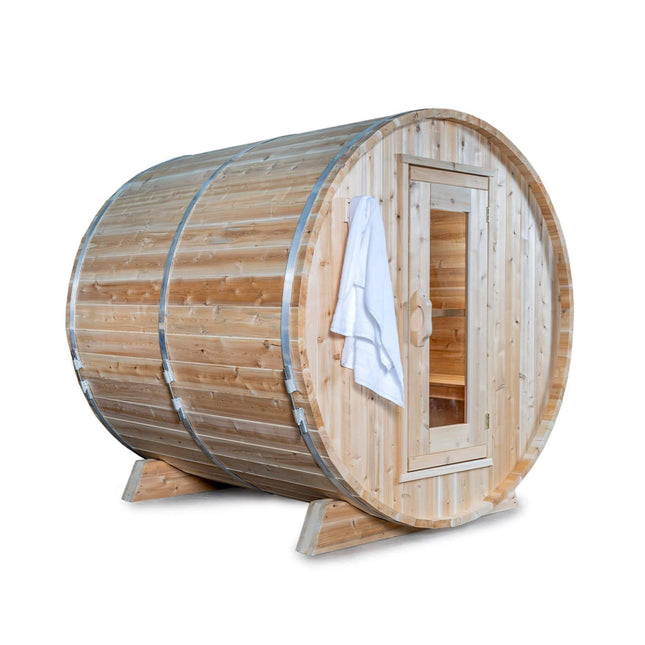 Dundalk Leisurecraft 84 - Inch 4 - Person Canadian Timber Harmony Barrel Sauna With Solid Wood Benches [CTC22W] (SAK96842) - Outdoor Saunas | Patioza