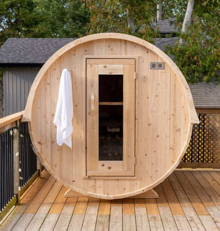 Dundalk Leisurecraft 84 - Inch 4 - Person Canadian Timber Harmony Barrel Sauna With Solid Wood Benches [CTC22W] (SAK96842) - Outdoor Saunas | Patioza