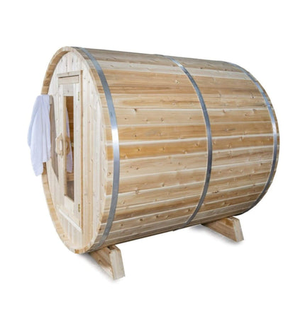 Dundalk Leisurecraft 84 - Inch 4 - Person Canadian Timber Harmony Barrel Sauna With Solid Wood Benches [CTC22W] (SAK96842) - Outdoor Saunas | Patioza