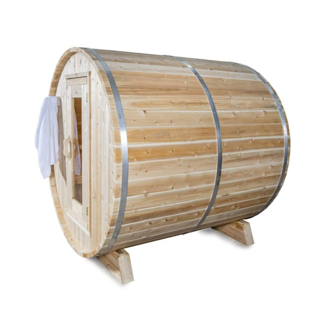 Dundalk Leisurecraft 84 - Inch 4 - Person Canadian Timber Harmony Barrel Sauna With Solid Wood Benches [CTC22W] (SAK96842) - Outdoor Saunas | Patioza