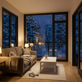 Living area on a snowy night