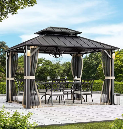 Alora Luxury Double Roof Hardtop Aluminum Gazebo With Decor Hooks, Mosquito Nettings, And LED Lights (SAK91824) - Gazebos | Patioza