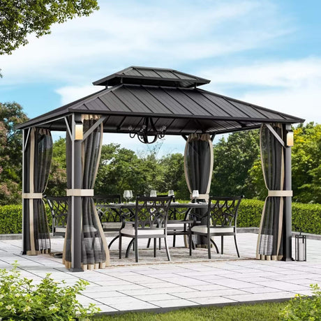 Alora Luxury Double Roof Hardtop Aluminum Gazebo With Decor Hooks, Mosquito Nettings, And LED Lights (SAK91824) - Gazebos | Patioza
