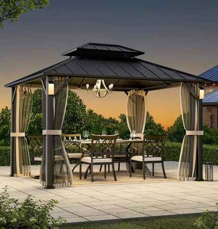 Alora Luxury Double Roof Hardtop Aluminum Gazebo With Decor Hooks, Mosquito Nettings, And LED Lights (SAK91824) - Gazebos | Patioza