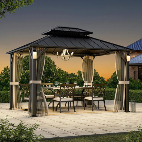 Alora Luxury Double Roof Hardtop Aluminum Gazebo With Decor Hooks, Mosquito Nettings, And LED Lights (SAK91824) - Gazebos | Patioza