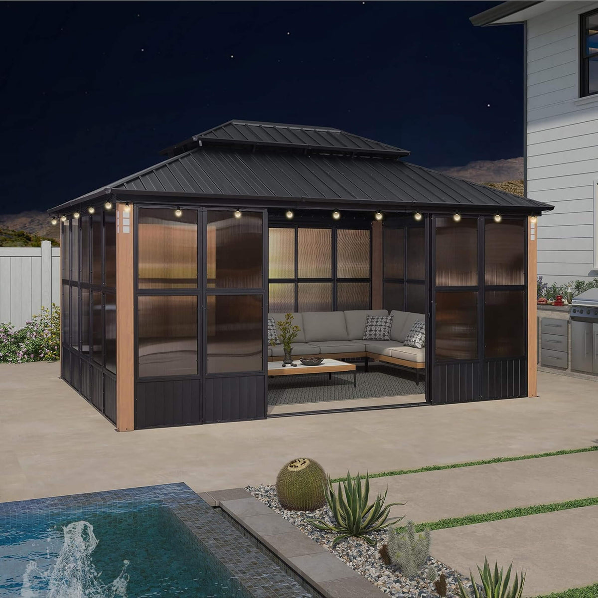 Alora Oasis Luxury Heavy-Duty Hardtop Sunroom With Aluminum Frame And LED Lights (SAK79102) - Sunrooms | Patioza
