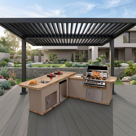 Much wider garden view around the pergola and Cal Flame island