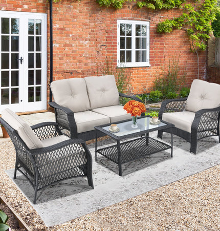 4 Pieces Patio Wicker Furniture Set Loveseat Sofa Coffee Table with Cushion - Beige - Patio Furniture | Patioza