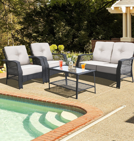 4 Pieces Patio Wicker Furniture Set Loveseat Sofa Coffee Table with Cushion - Beige - Patio Furniture | Patioza