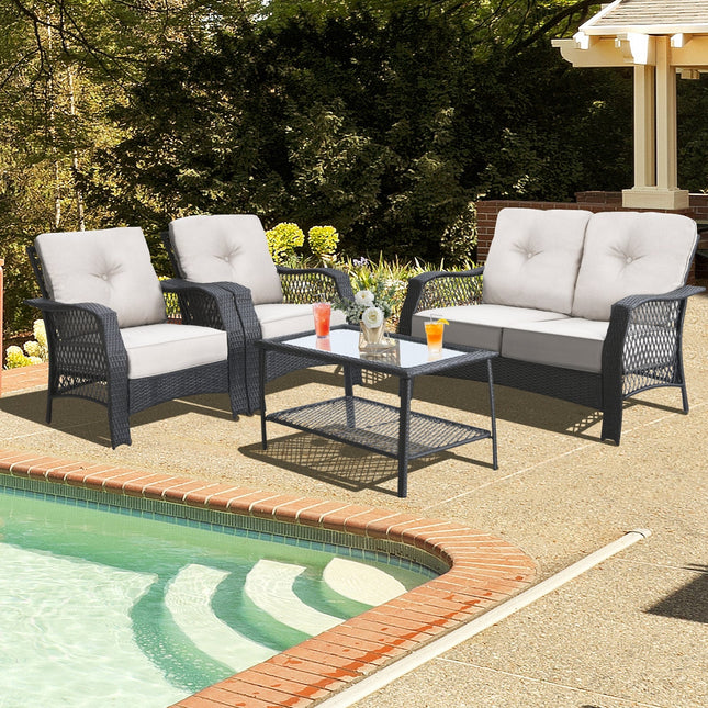4 Pieces Patio Wicker Furniture Set Loveseat Sofa Coffee Table with Cushion - Beige - Patio Furniture | Patioza