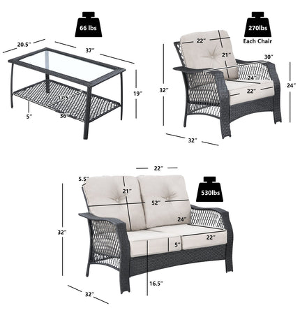 4 Pieces Patio Wicker Furniture Set Loveseat Sofa Coffee Table with Cushion - Beige - Patio Furniture | Patioza
