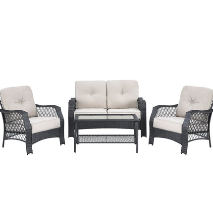 4 Pieces Patio Wicker Furniture Set Loveseat Sofa Coffee Table with Cushion - Beige - Patio Furniture | Patioza