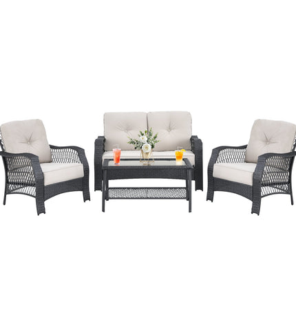4 Pieces Patio Wicker Furniture Set Loveseat Sofa Coffee Table with Cushion - Beige - Patio Furniture | Patioza